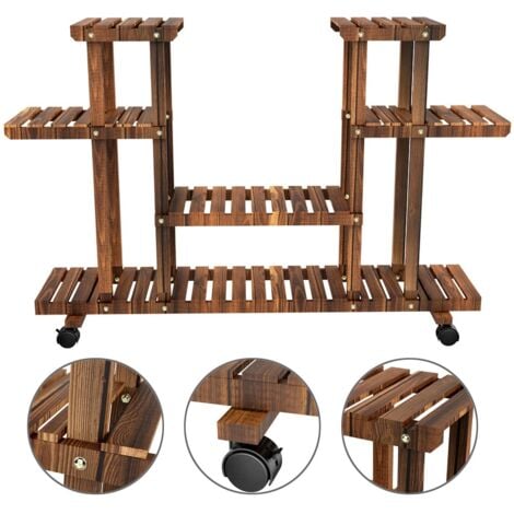 Yaheetech Étagère à Fleurs en Bois Porte Pots de Plante avec 6 Tablettes Supports de pots de fleurs à Roulettes pour intérieur et Balcon 124 x 33 x 80 cm
