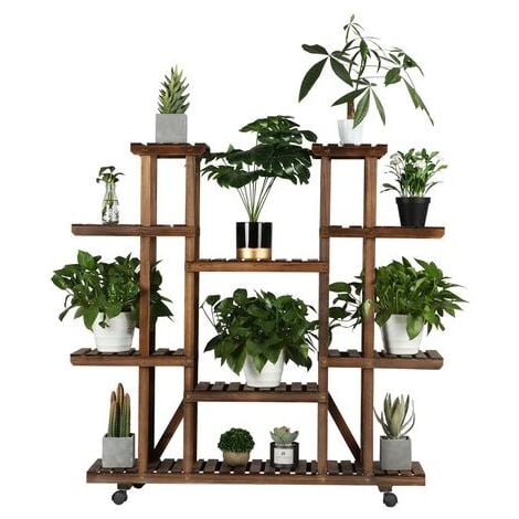 Yaheetech Étagère à Fleurs en Bois Supports de Pots à roulettes Porte Plante 9 Tablettes Escalier Présentoire de Jardin 124,5 x 33 x 120 cm