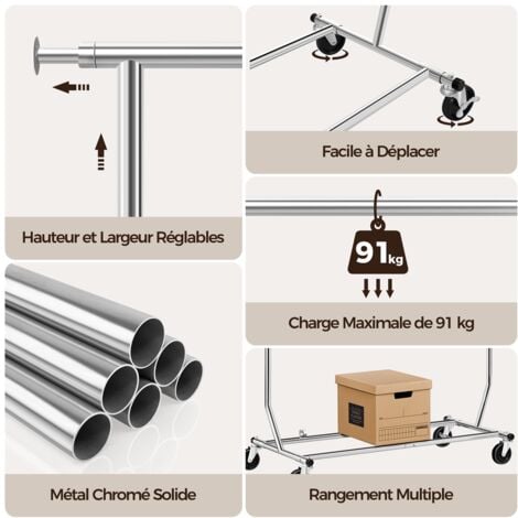 Yaheetech 190 x 55 x 178 cm Portant Penderie à Vêtement Métal Chromé Plus Long Haut Large Réglable Pliable avec roulettes Mobile Charge 90kg