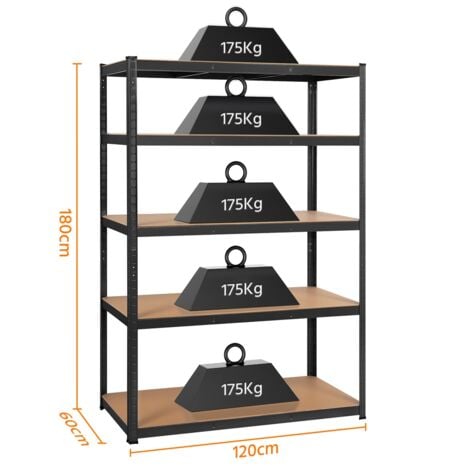 Yaheetech Étagères Charge Lourde 5 Niveaux 180x120x60cm Étagère de Rangement Réglable Max 875 kg pour Hangar Entrepôt Cave/Sous-Sol Noir