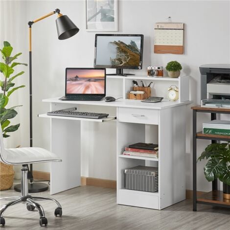Yaheetech Bureau Blanc pour Ordinateur PC Bureau Informatique avec Porte Clavier Coulissant Tiroir et 2 étagères de Rangement Table de Bureau pour Chambre Studio 106 x 50 x 94 cm