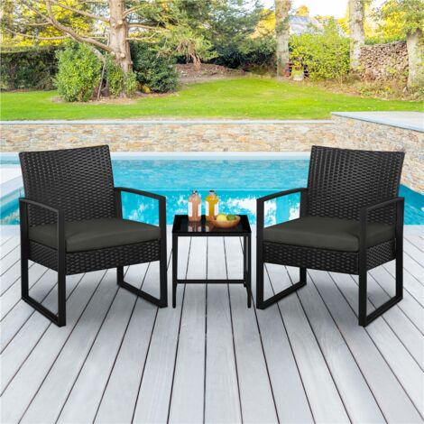 Yaheetech Salon de Jardin 2 Fauteuils et 1 Table Basse pour Salon/Bar/Bureau en Résine Tressée Poly Rotin Exterieur Interieur Noir/Gris