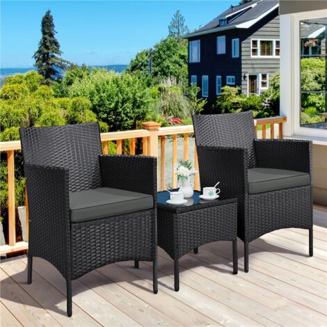 Yaheetech Ensemble Salon de Jardin 2 Fauteuils et Table Basse Plateau Verre 2 Coussins Tressée Noir/Girs