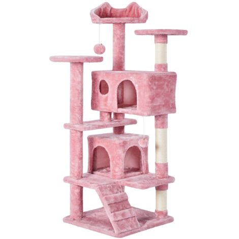 Yaheetech – Arbre à chat 139 cm avec 2 niches et 3 plateformes – Panneau de particules et sisal – Pour 3-4 chats – Couleur rose