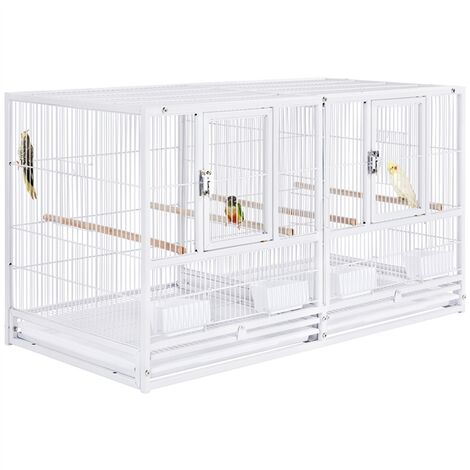 Yaheetech Cage Oiseaux Volière intérieur 95,5 x 45,5 x 52,5 cm avec Deux  Espaces Divisés Cage avec Mangeoires Perchoirs 2 Portes Blanche