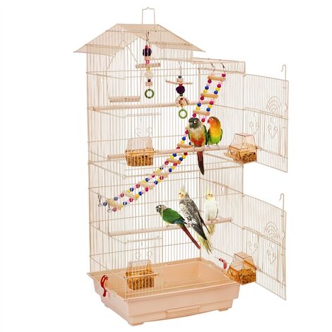 Yaheetech Cage Oiseaux Intérieur 46 x 35,5 x 99 cm avec Poignée avec 3 Jouets 4 Mangeoires 3 Perchoirs 1 Swing Amande
