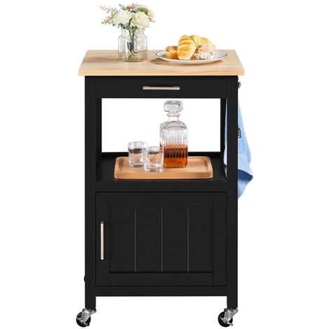 Yaheetech – Chariot de service à roulettes – Desserte de cuisine avec 1 tiroir, 3 crochets, 1 placard, 1 compartiment ouvert – Dimensions 55 x 45 x 89 cm – MDF noir