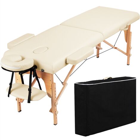 Yaheetech Table de Massage Portable Pliable à 2 Zones Charge 250 kg en Bois Hêtre Hauteur Réglable avec Appuie-tête Amovible Sac de Transport 213 x 60 cm/Crème