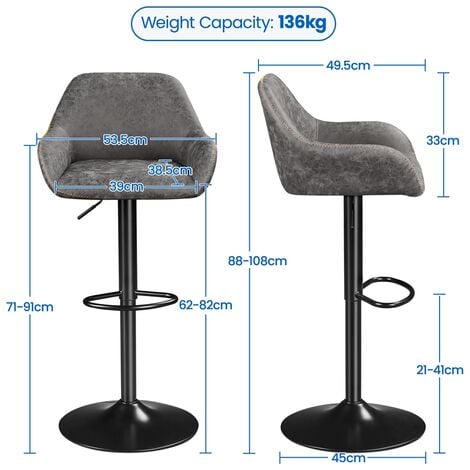 Yaheetech 2 Tabourets de Bar Hauts avec Dossier en Similicuir Pivotants Hauteur Réglable avec Repose-Pieds Charge 136 kg Gris