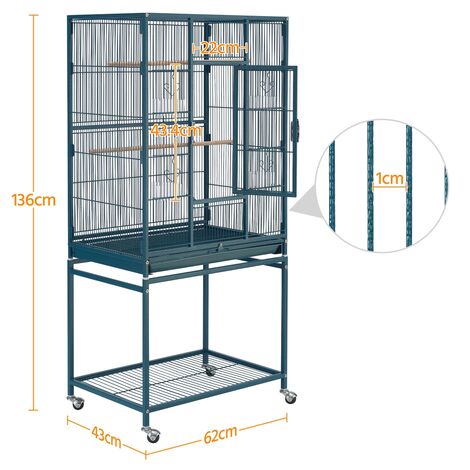 Yaheetech Grande Cage/Volière Oiseaux avec Support Détable à roulettes Cage pour Perroquet Gris du Gabon Canaris Parakeet Calopsitte élégante Pinson 65,5 x 42,5 x 136,5 cm Blanche Bleu Marine