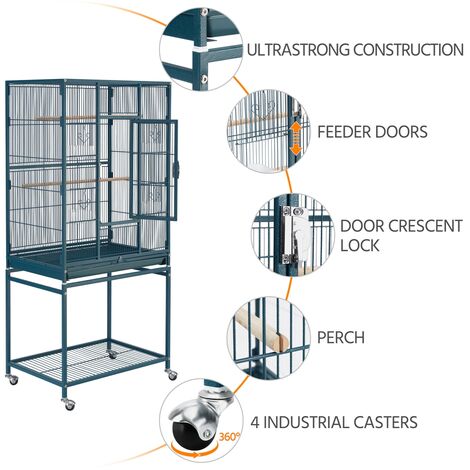 Yaheetech Grande Cage/Volière Oiseaux avec Support Détable à roulettes Cage pour Perroquet Gris du Gabon Canaris Parakeet Calopsitte élégante Pinson 65,5 x 42,5 x 136,5 cm Blanche Bleu Marine