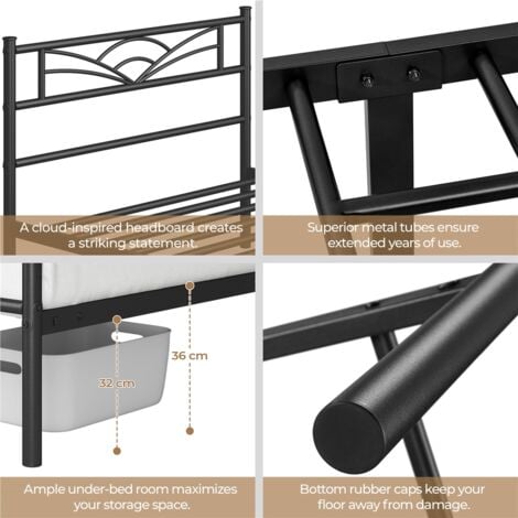 Yaheetech Cadre de lit en Métal Assemblage Simple pour Petits Espaces Adultes 90x200cm Noir