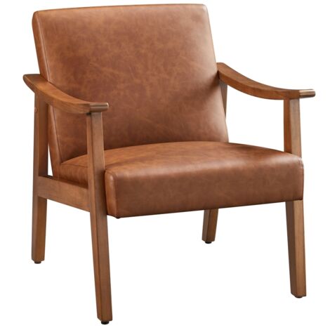 Yaheetech – Fauteuil relax ergonomique en similicuir PU – Cadre en bois d’hévéa – Dimensions 62×70,5×74 cm – Marron clair pour salon et bureau