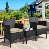 GYMAX Salon De Jardin 2 Places En Rotin Avec Table Basse Coffre, 2 Fauteuils Confortables + Coussins Épais, Mobilier Extérieur Résistant Pour Terrasse, Balcon Ou Porche