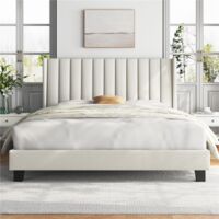 Yaheetech Lit Double Rembourré avec Sommier à Lattes, Cadre de Lit Moderne pour Adultes 2 Personnes, Tête de Lit à Rayures, Lit en Bois et Métal, Beige,160x200 cm