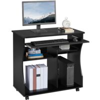 Yaheetech – Bureau informatique à roulettes 80,1 x 48,1 x 76,2 cm – Support clavier coulissant 74,1 x 23,5 cm – 4 étagères – MDF noir