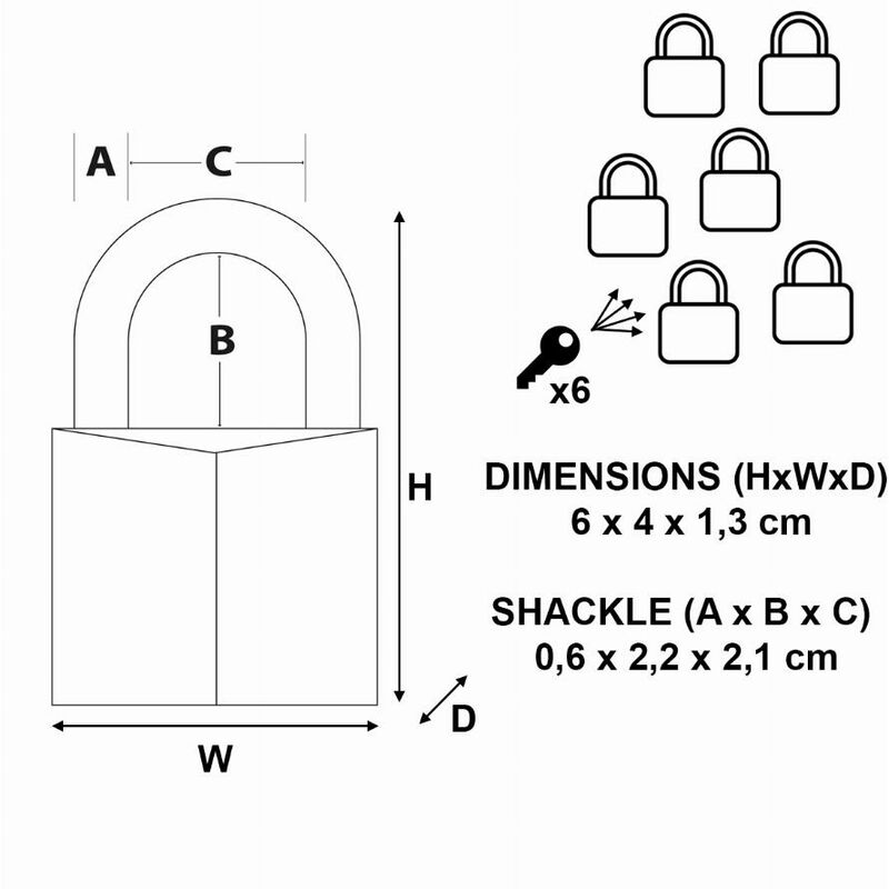 Master Lock 140EURSIX Lot de 6 Cadenas à Clé en Laiton, Doré, 6 x 4 x 1,3  cm