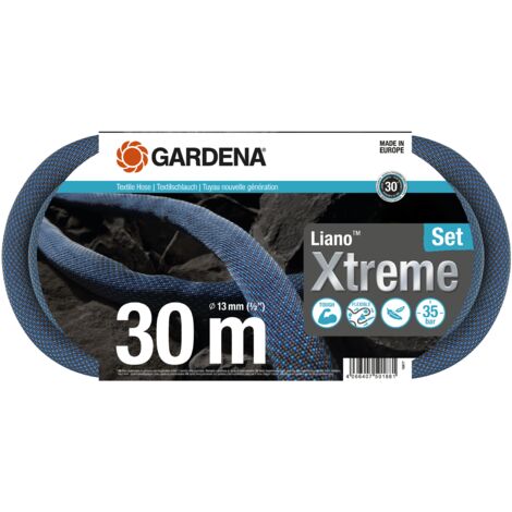 GARDENA Kit tuyau Liano™Xtreme 30m. Kit complet. Tuyau d'arrosage. Léger et très résistant. 13 mm. Pression de rupture 35 bar. Tuyau textile. (18477-20)