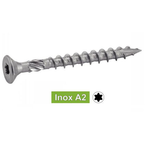 Acton – Vis à bois résineux Inox A2 5x60 – Tête fraisée large – Pointe anti-fendage – Seau de 400 vis pour fixation bois tendre