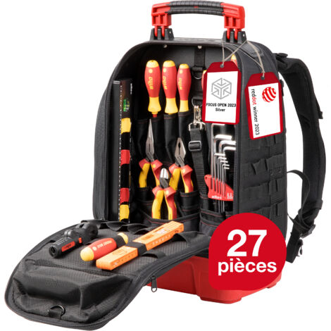 Wiha – Sac à dos outils électricien 45528 – 27 pcs – Construction imperméable 1680D – Compartiment pour PC 16 pouces – Système de fixation Molle