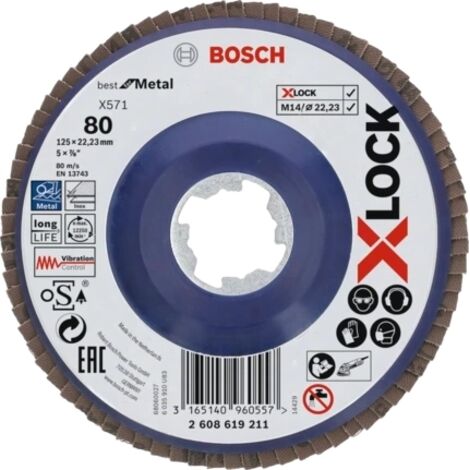 Bosch – Disque à lamelles 125mm grain 80 – Système X-LOCK pour meuleuse – Enlèvement élevé sur métal – 2608619211