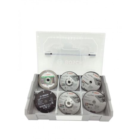 Bosch – Coffret Mini L-Boxx avec 9 disques Ø76 mm – 5 disques inox, 2 disques ébarber, 1 disque céramique – Pour meuleuse GWS-12V