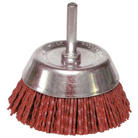 Brosse conique sur tige fil nylon pour décapage doux bois/métal - D. 75 mm - Q. 6 x 30 mm - Gr. 80 - LEMAN - 130.071V (1/2)