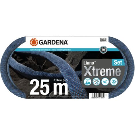 GARDENA Kit tuyau Liano™Xtreme 25m. Kit complet. Tuyau d'arrosage. Léger et très résistant. 13 mm. Pression de rupture 35 bar. Tuyau textile. (18475-20)