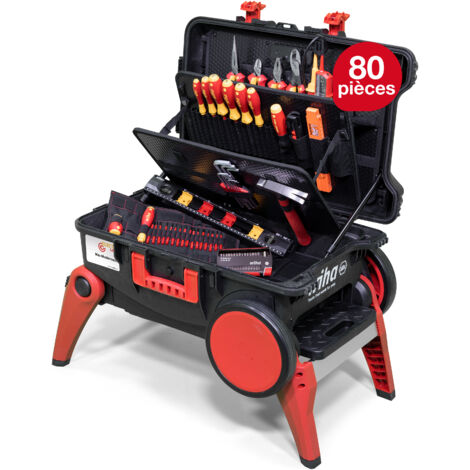 Wiha Caisse à outils Set XXL 4 electric I 80 pièces I Caisse à outils pour électriciens avec roulettes I Boîte à outils avec assortiment complet (45734)