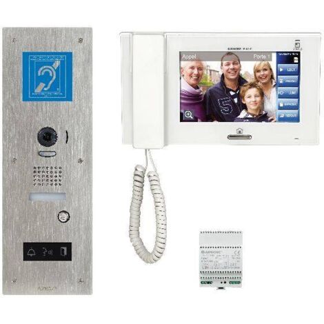 Kit vidéo JP platine inox encastrée, gd angle, 1 BP, pictogrammes, synthèse vocale & boucle magnétique, écran 7' tactile & alimentation - AIPHONE - JPS4AEDFLBM (1/3)