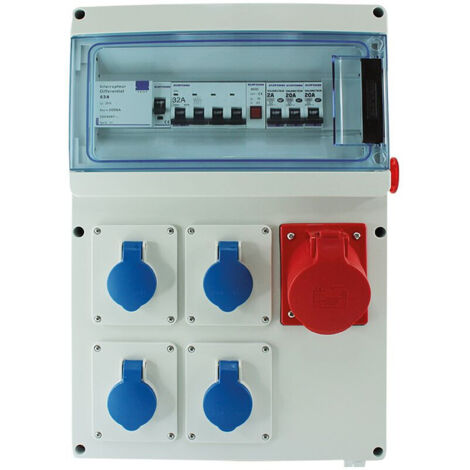 Eur Ohm – Coffret chantier 4 prises 230V – 1 prise 3P+N+T 400V 32A – IP65 – ABS traité anti-UV – 2 disjoncteurs 16A – Arrêt d'urgence (1/5)