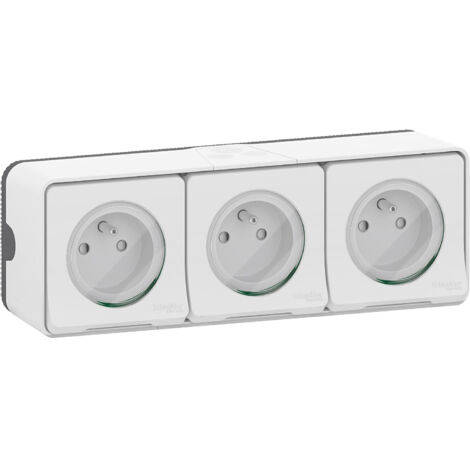 Schneider – Triple prise de courant 2P+T saillie horizontale 16A 250V – Étanche IP55 IK08 – Entrées de câbles multiples – Boîtier robuste (1/2)