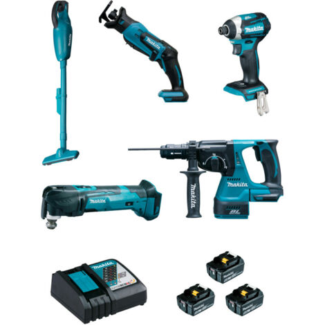 Makita – Pack de 5 outils électroportatifs 18V – 3 batteries 5Ah – Moteur Brushless – Marteau perforateur, visseuse, scie, découpeur, aspirateur – DLX5045TJ