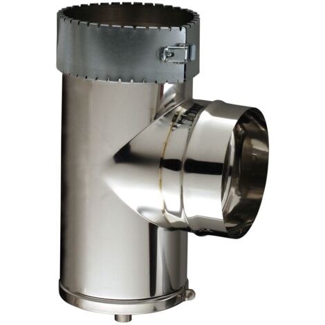Poujoulat – Té de purge spécial flex tubage Ø130 – Raccord fumisterie double peau inox 316L – Adapté pour conduits de cheminées – 45130073 (1/2)