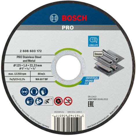 Bosch – Disque à tronçonner pour meuleuse 125mm – Spécial métal et inox – Alésage 22-23mm – Épaisseur 1,6mm – Vitesse 80m/s