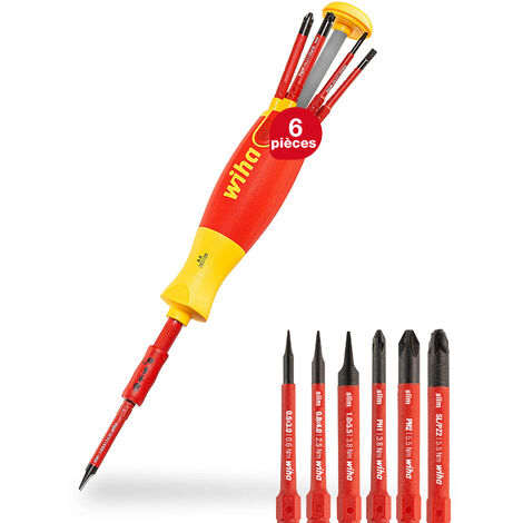 Wiha Tournevis avec magasin d'embouts LiftUp electric Phillips, PlusMinus/Pozidriv, fente avec 6 slimBits (38611)