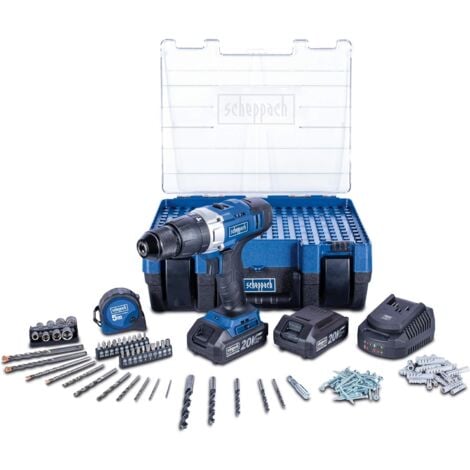 Scheppach Perceuse Visseuse à percussion DTB20-20ProS - Coffret - Atelier mobile - Avec 206 accessoires, 2 batteries et un chargeur inclus