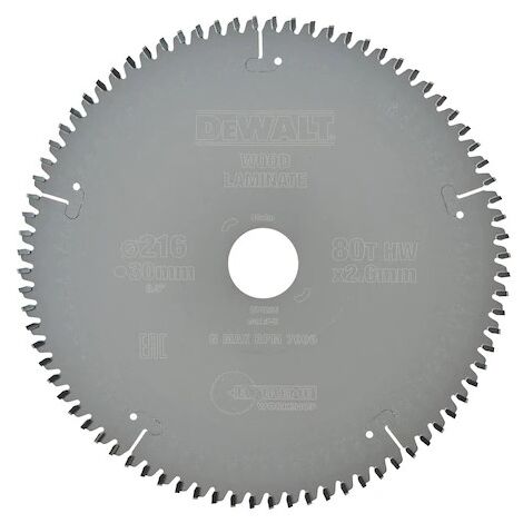 Lame carbure scie circulaire - Epaisseur : 2.6 - Diametre : 216 - Dents : 80 - Coupe : Bois, Alu - fine - DEWALT