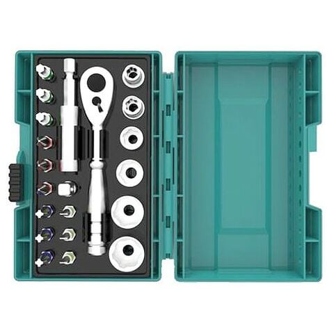 Clé à cliquet en coffret MAKITA - 21 pièces - 12 embouts + 6 douilles + 1 adaptateur 1/4' + porte-embout magnétique - B-54081