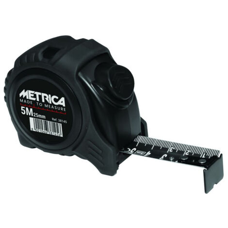 Metrica – Mètre déroulant autobloquant 8 m x 25 mm – Boîtier en caoutchouc antidérapant – Double graduation – Clip inclus