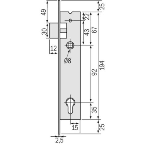 Serrure monopoint à larder 36 mm – Coffre acier zingué – Têtière inox – Entraxe 92 mm – Réversible sans démontage