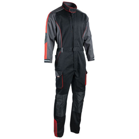 Facom – Combinaison de travail simple zip noir/gris/rouge taille L – Renforcée aux coudes et genoux – Poches pratiques – Norme EN 14404 (1/7)