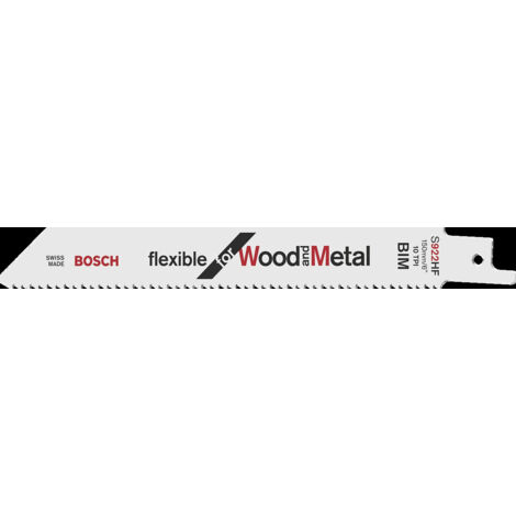 Lame de scie sabre pour bois avec métal, coupe droite fine, Réf. Bosch : S 922 HF, Qualité de lame de scie BiM, Long. totale 150 mm, Pas de dents : 2,5 mm