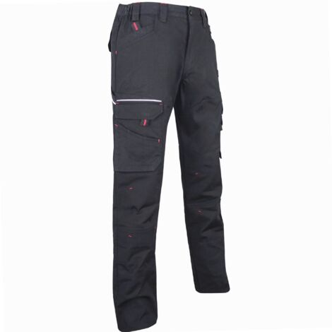 LMA – Pantalon de travail multipoches en tissu canvas noir – Ceinture élastiquée – 250 g/m² – Longueur entrejambe 83 cm – Pour professionnels du bâtiment