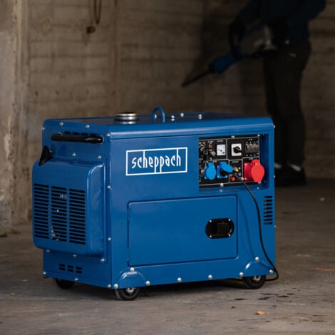 Scheppach Générateur électrique diesel SG5200D avec démarrage électrique - 7,7 CV - 5000 W - 2 x 230 V, 1 x prise 400 V - Réservoir 16 L - Système AVR - Avec dispositif de conduite