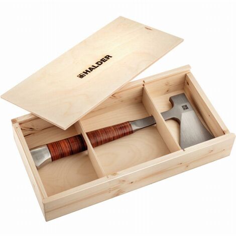 Halder – Hachette avec poignée en cuir – Acier traité spécial – Poids 1kg – Coffret cadeau en bois pour usage professionnel - 3555s001