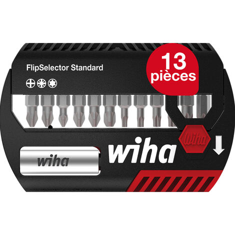 Wiha Jeu d’embouts FlipSelector 13 pièces I Avec clip de ceinture I Standard 25 mm cruciforme, Pozidriv, TORX® I Porte-embout magnétique I 1/4 pouce C6,3 (39060) (1/5)
