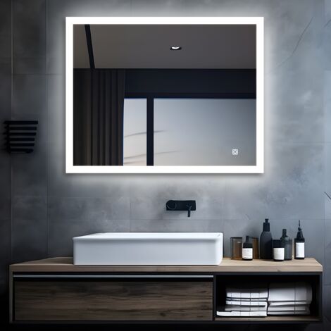 MIQU LED Badspiegel mit Beleuchtung 60x50 cm Badezimmerspiegel  Bad Groß Spiegel mit Touch Dimmbar Warm / Weiß Licht Beschlagfrei Wandspiegel für Badezimmer