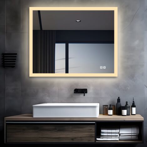 MIQU LED Badspiegel mit Beleuchtung 80x60 cm Badezimmerspiegel Bad Groß Spiegel mit Touch Dimmbar Warm / Weiß Licht Beschlagfrei Wandspiegel für Badezimmer