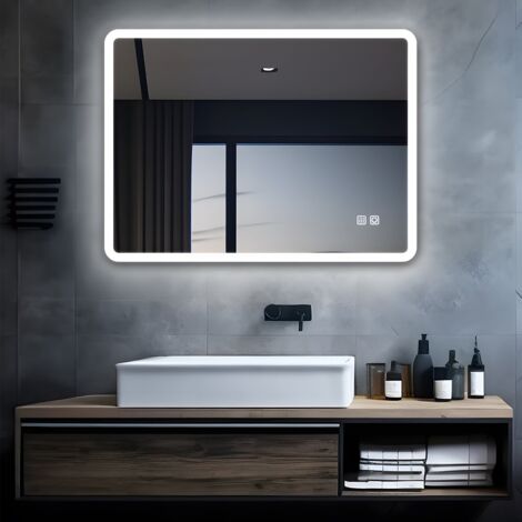 MIQU LED Badspiegel mit Beleuchtung 80x60 cm Badezimmerspiegel  Bad Groß Spiegel mit Touch Dimmbar Warm / Weiß Licht Beschlagfrei Wandspiegel für Badezimmer